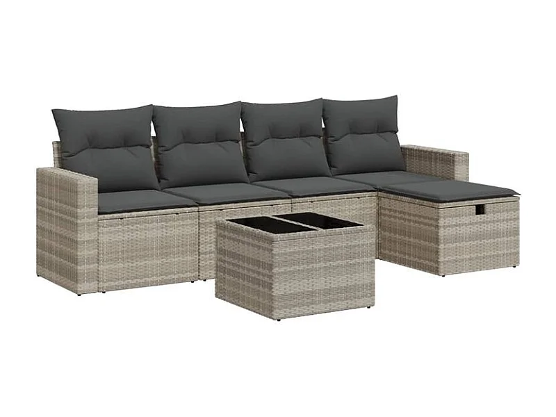 Salon de jardin 6 pcs avec coussins gris clair résine tressée