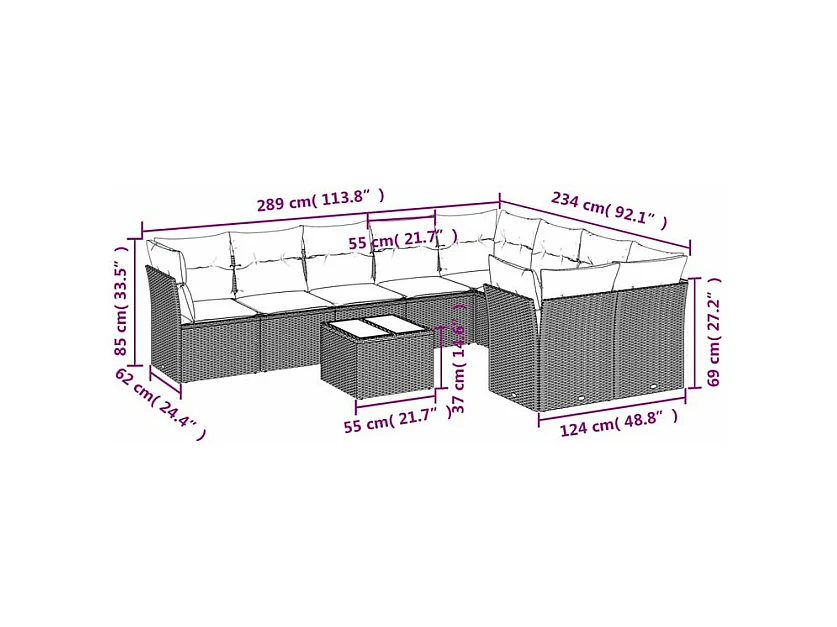 Salon de jardin avec coussins 10 pcs gris clair résine tressée