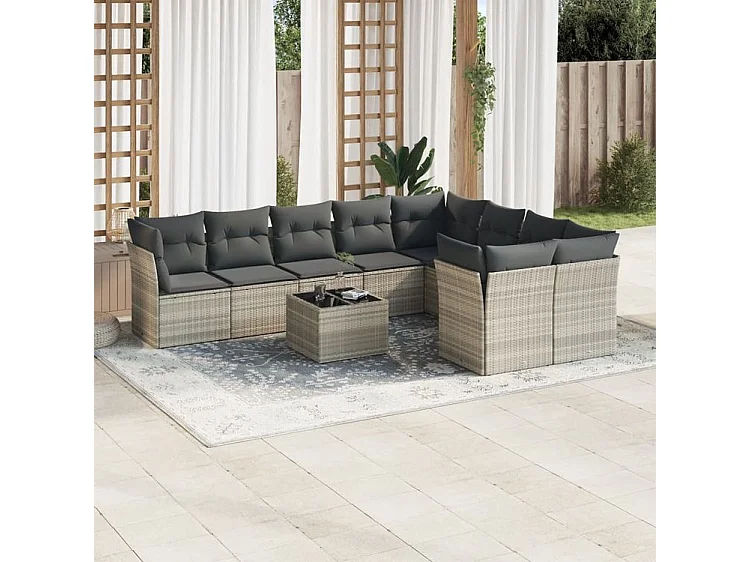 Salon de jardin avec coussins 10 pcs gris clair résine tressée