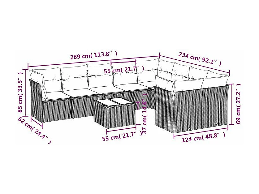 Salon de jardin avec coussins 10 pcs gris clair résine tressée