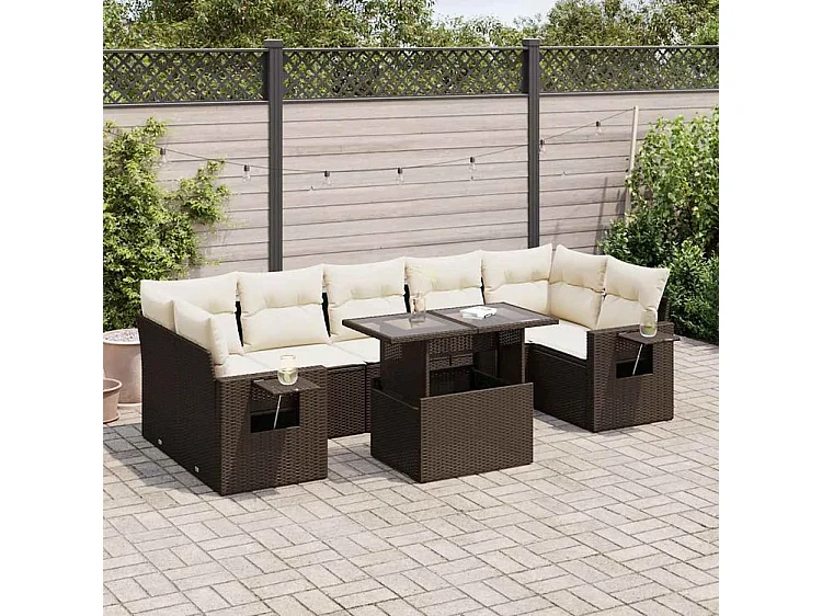 Salon de jardin 8 pcs avec coussins marron résine tressée