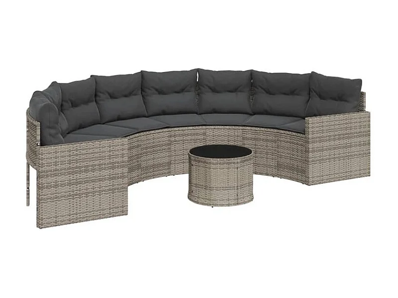 Canapé de jardin table coussins demi-rond gris résine tressée