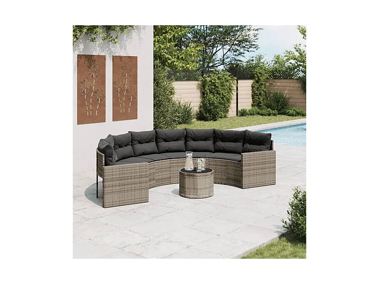 Canapé de jardin table coussins demi-rond gris résine tressée