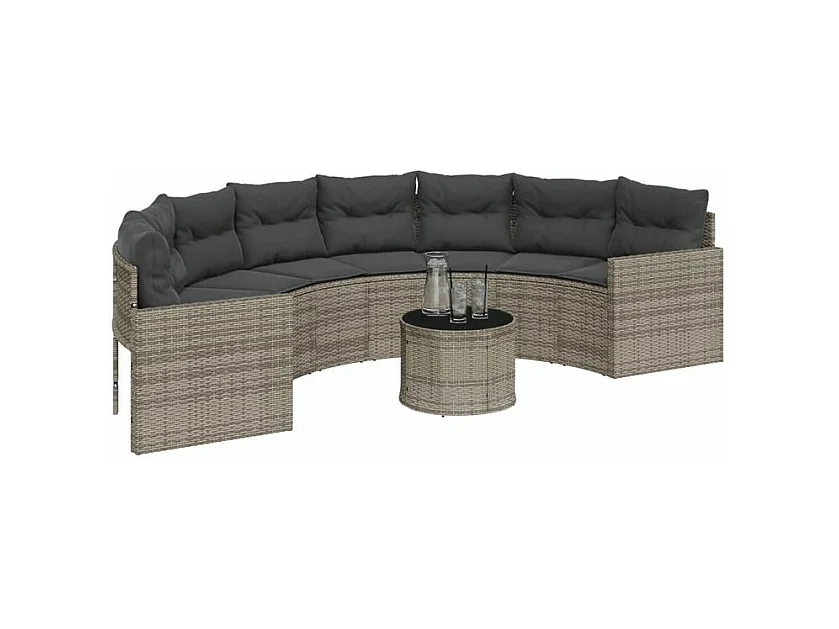 Canapé de jardin table coussins demi-rond gris résine tressée