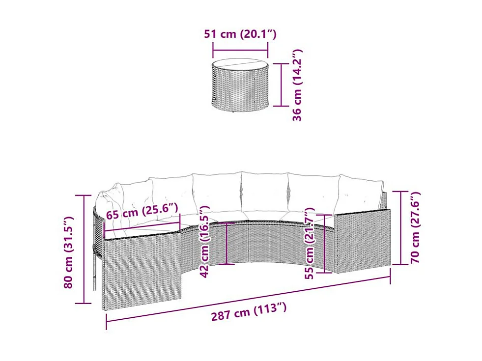 Canapé de jardin table coussins demi-rond gris résine tressée