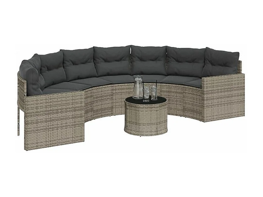 Canapé de jardin table coussins demi-rond gris résine tressée