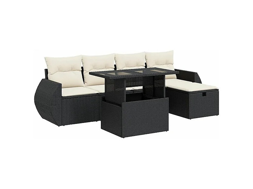 Salon de jardin 6 pcs avec coussins noir résine tressée