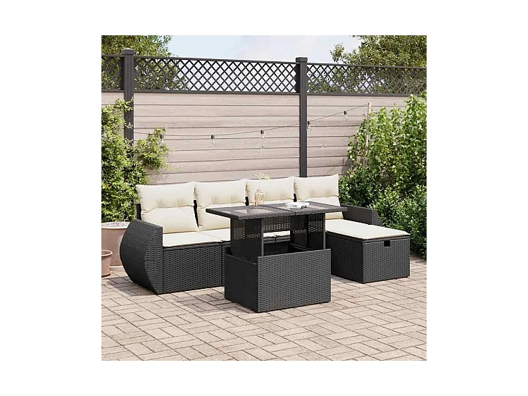 Salon de jardin 6 pcs avec coussins noir résine tressée