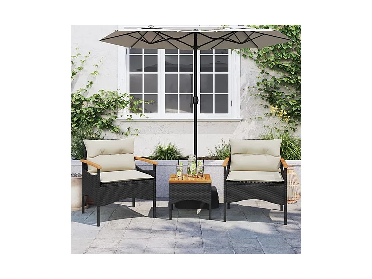 Salon de jardin 3 pcs avec coussins noir résine tressée