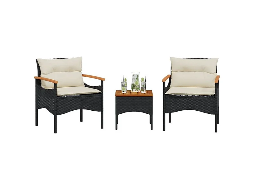 Salon de jardin 3 pcs avec coussins noir résine tressée
