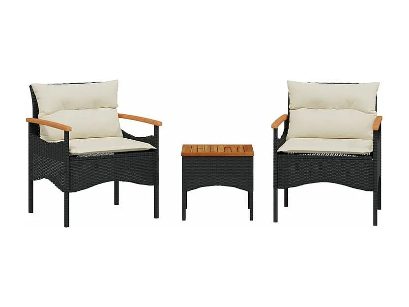 Salon de jardin 3 pcs avec coussins noir résine tressée