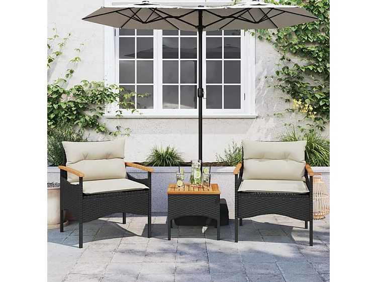 Salon de jardin 3 pcs avec coussins noir résine tressée