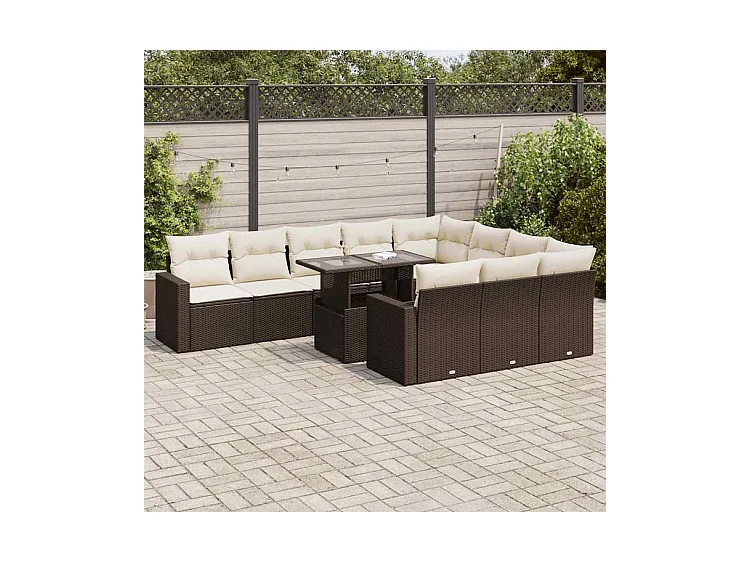 Salon de jardin et coussins 11 pcs marron résine tressée