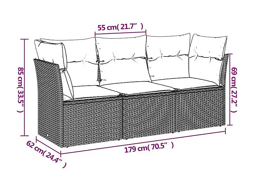 Salon de jardin avec coussins 3 pcs gris clair résine tressée