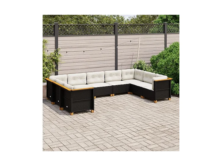 Salon de jardin 9 pcs avec coussins noir résine tressée