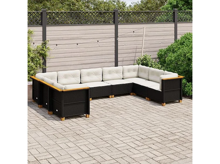 Salon de jardin 9 pcs avec coussins noir résine tressée