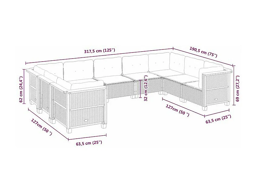 Salon de jardin 9 pcs avec coussins noir résine tressée