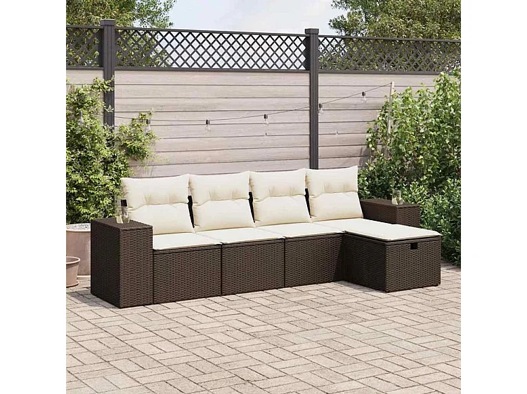 Salon de jardin avec coussins 5 pcs marron résine tressée