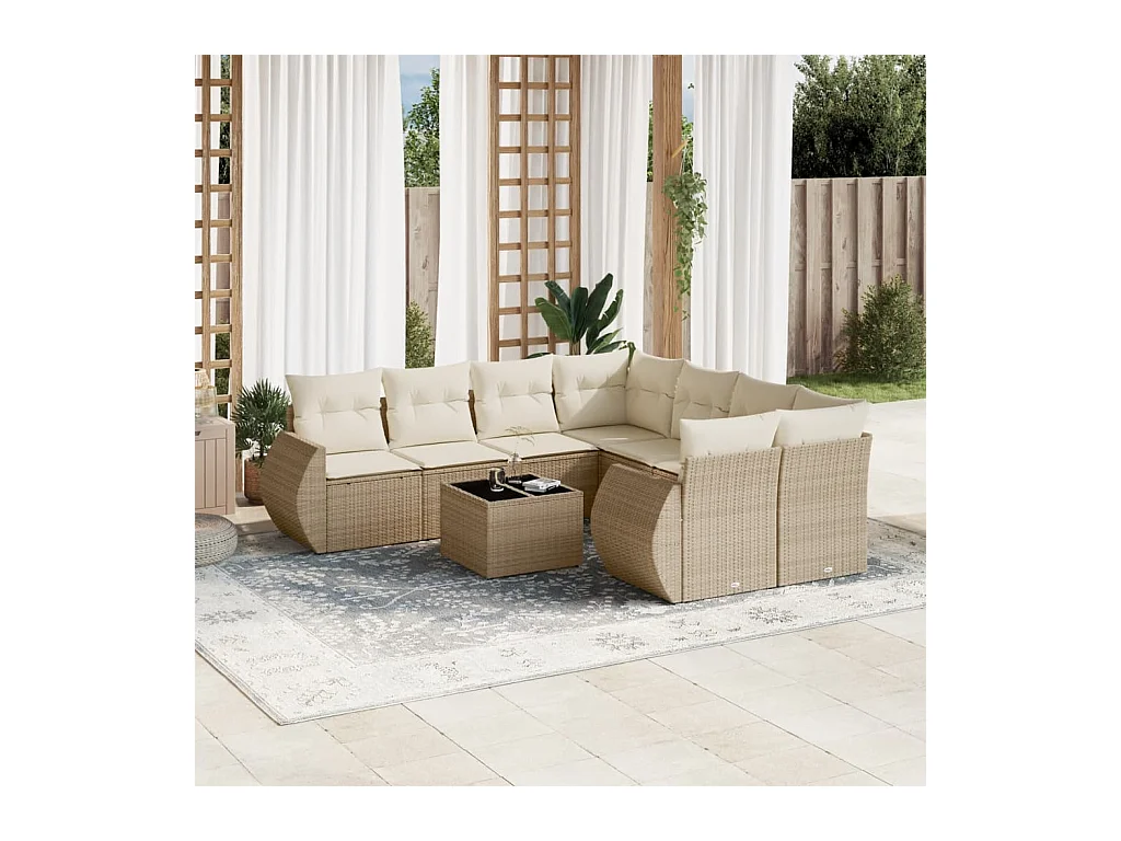 Salon de jardin avec coussins 9 pcs beige résine tressée