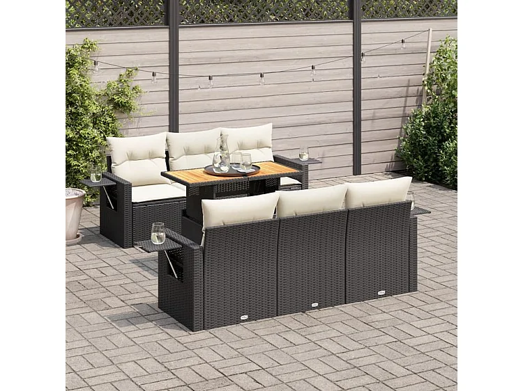 Salon de jardin 7 pcs avec coussins noir résine tressée