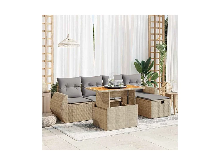 Salon de jardin 6 pcs avec coussins beige résine tressée acacia