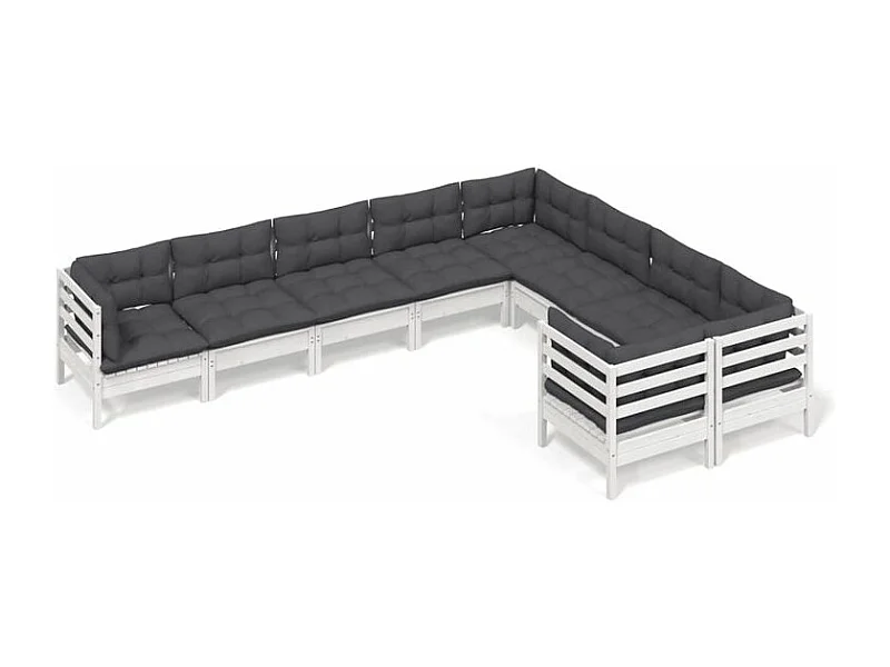 Salon de jardin 9 pcs avec coussins blanc bois de pin
