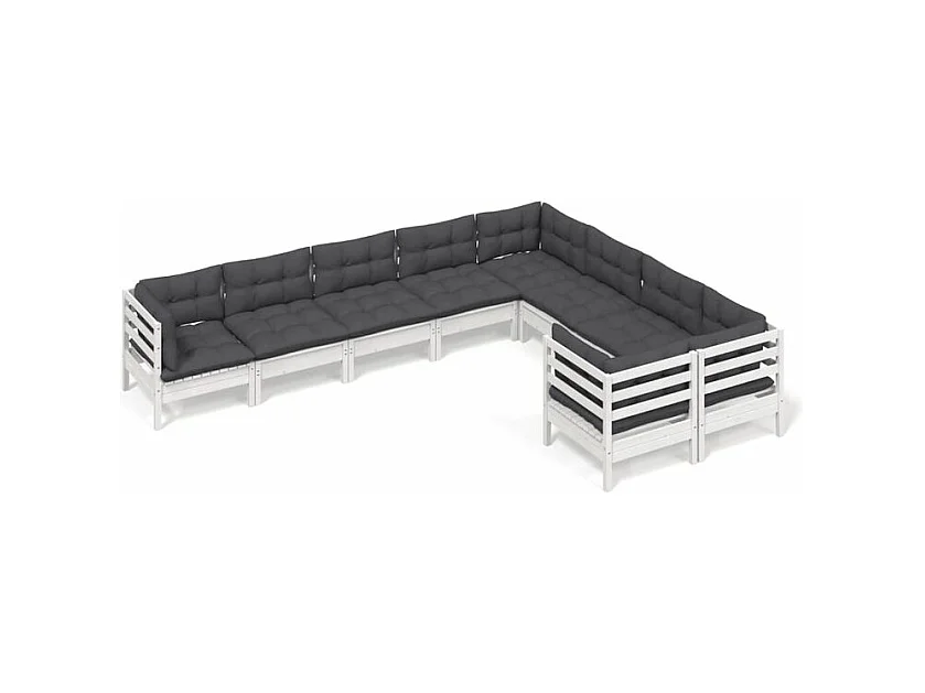 Salon de jardin 9 pcs avec coussins blanc bois de pin