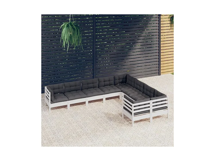 Salon de jardin 9 pcs avec coussins blanc bois de pin