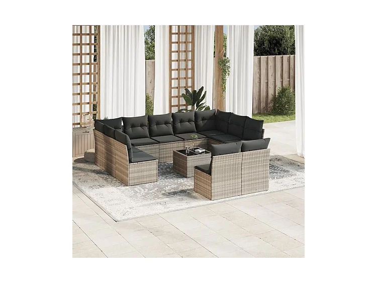 Salon de jardin avec coussins 12 pcs gris clair résine tressée
