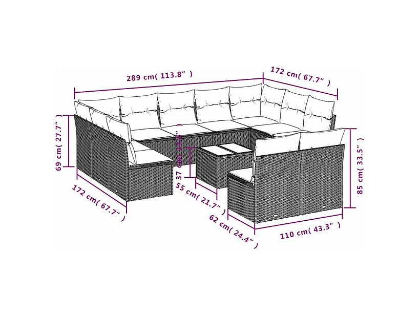 Salon de jardin avec coussins 12 pcs gris clair résine tressée