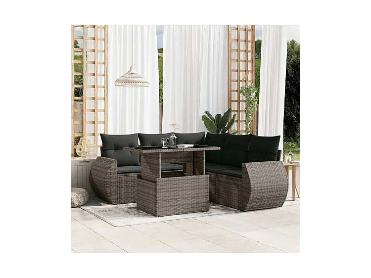 Salon de jardin 6 pcs avec coussins gris résine tressée