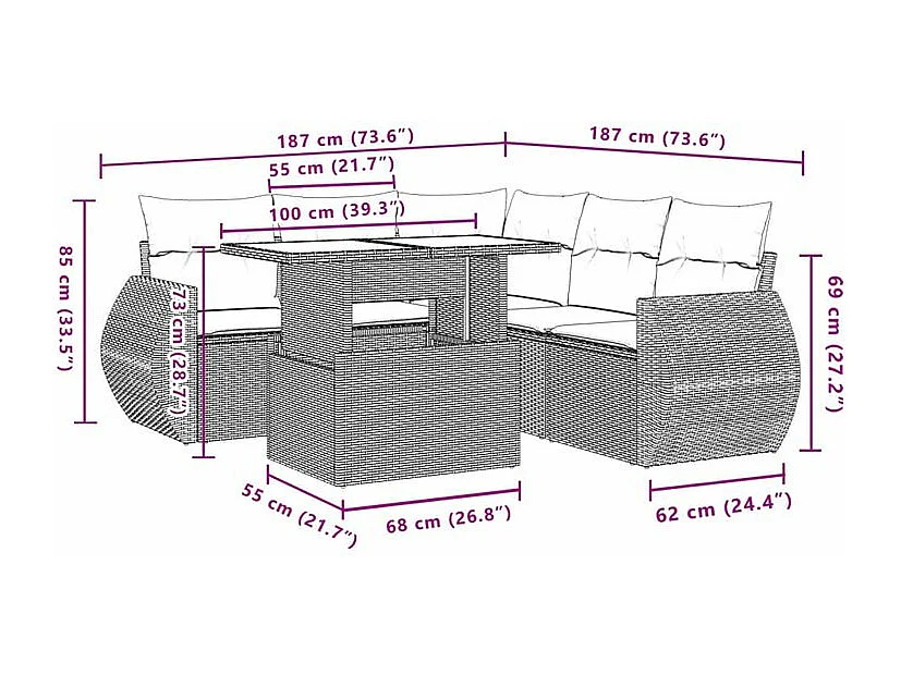 Salon de jardin 6 pcs avec coussins gris résine tressée