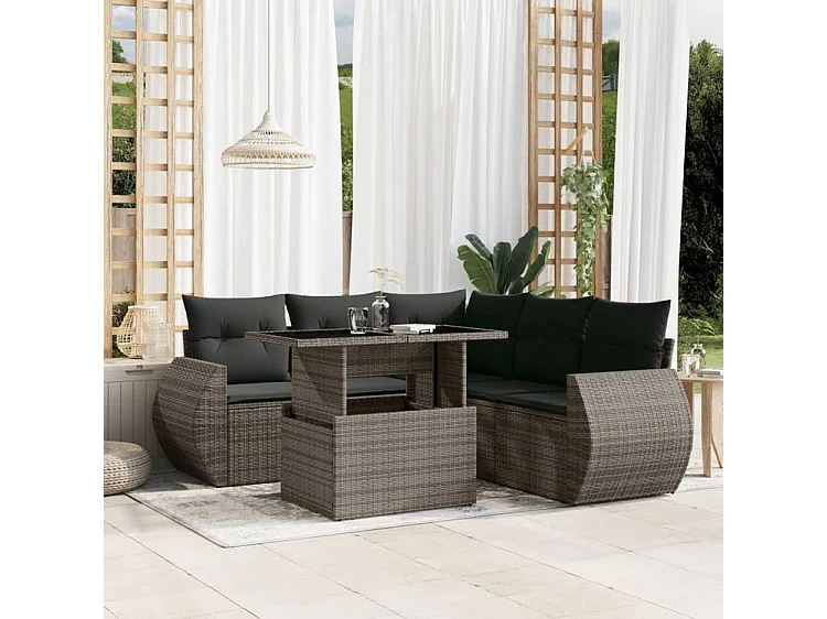Salon de jardin 6 pcs avec coussins gris résine tressée