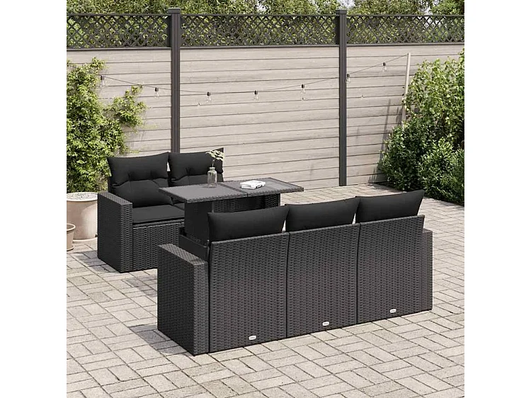 Salon de jardin 6 pcs avec coussins noir résine tressée