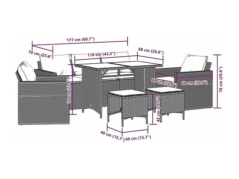 Salon de jardin 6 pcs avec coussins gris résine tressée