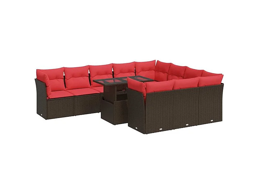 Salon de jardin et coussins 11 pcs marron résine tressée acacia