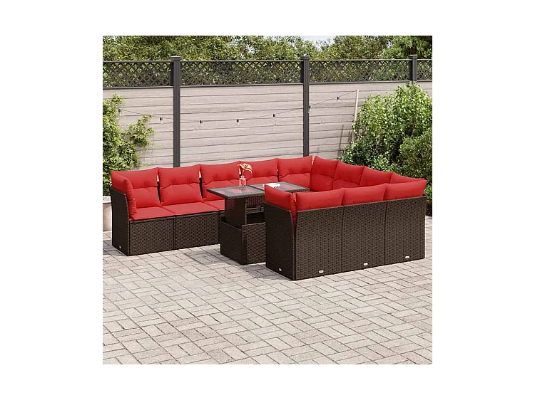Salon de jardin et coussins 11 pcs marron résine tressée acacia