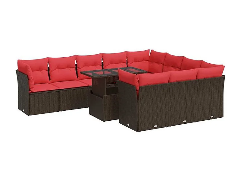 Salon de jardin et coussins 11 pcs marron résine tressée acacia