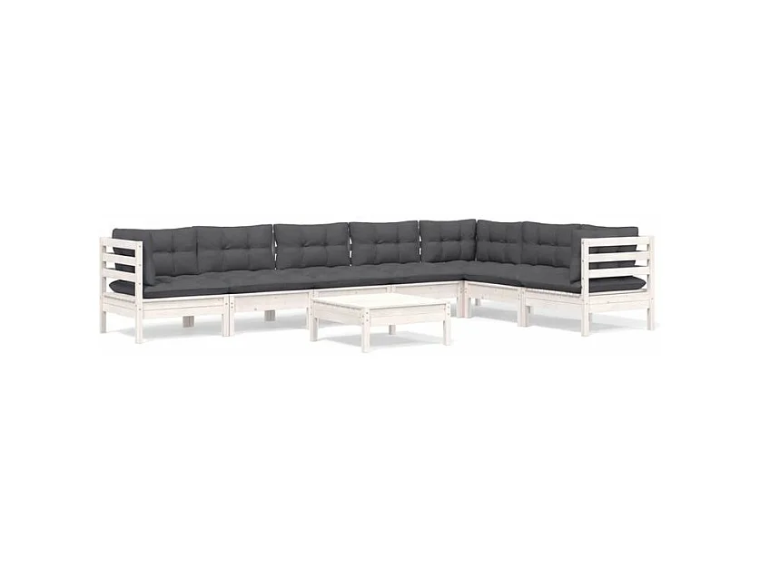 Salon de jardin 8 pcs avec coussins blanc bois de pin solide