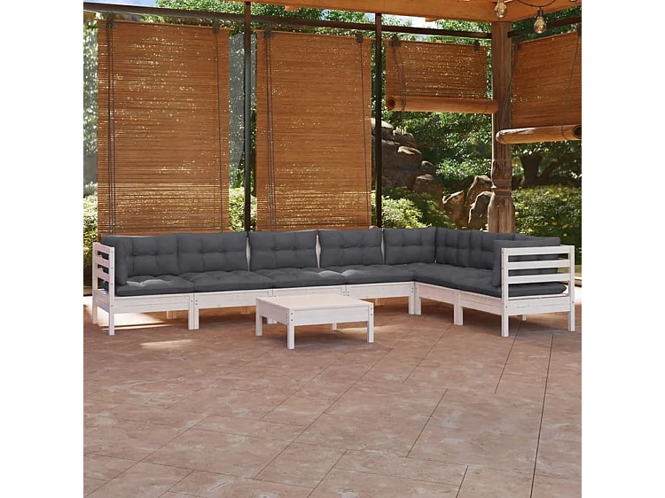 Salon de jardin 8 pcs avec coussins blanc bois de pin solide