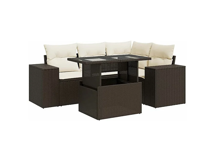 Salon de jardin avec coussins 5 pcs marron résine tressée