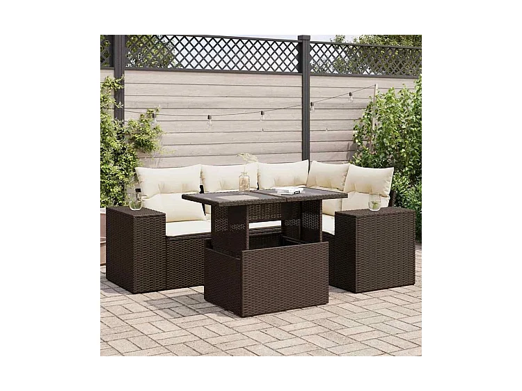 Salon de jardin avec coussins 5 pcs marron résine tressée