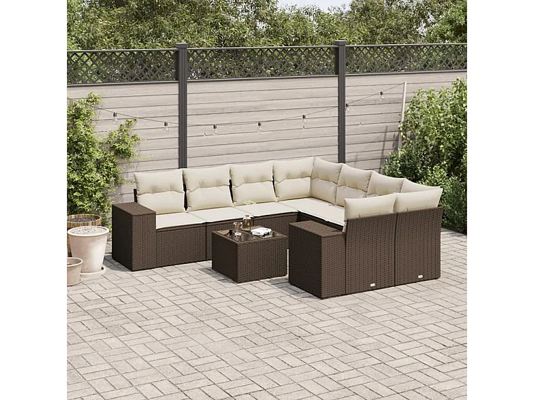 Salon de jardin avec coussins 9 pcs marron résine tressée