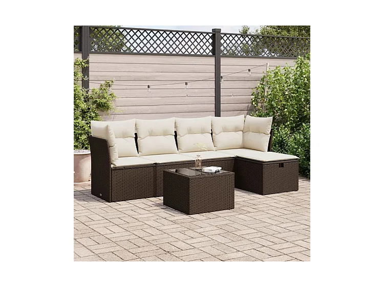Salon de jardin avec coussins 6 pcs marron résine tressée