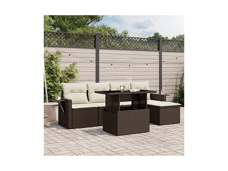 Salon de jardin avec coussins 6 pcs marron résine tressée