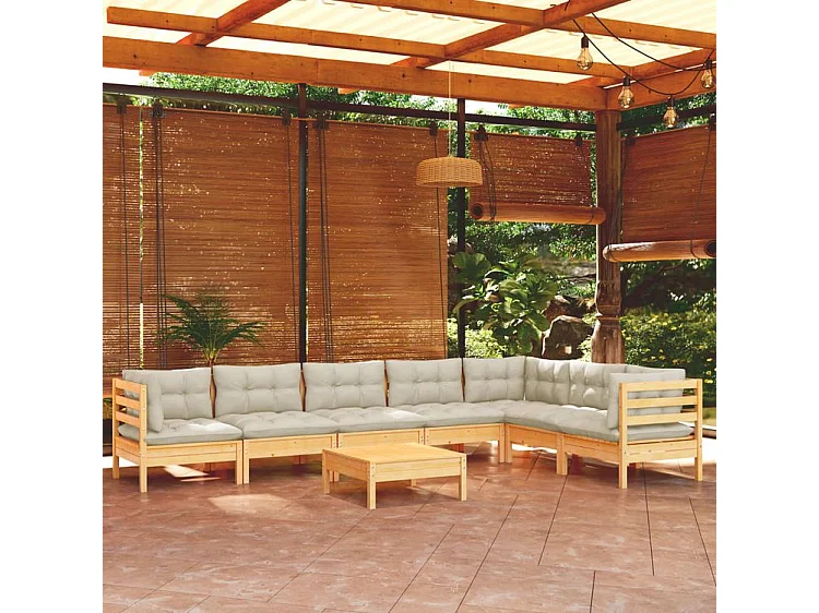 Salon de jardin 8 pcs avec coussins crème Bois de pin solide
