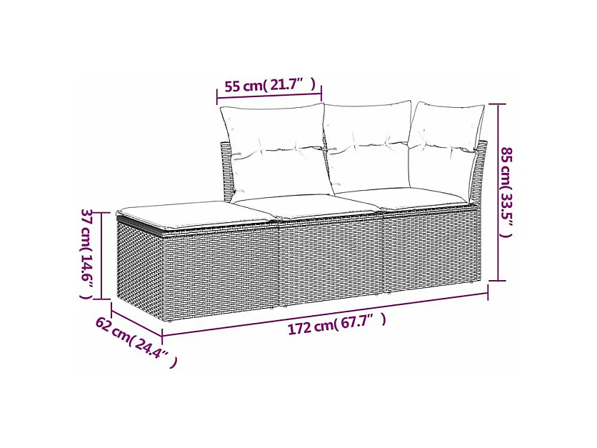 Salon de jardin avec coussins 3 pcs gris clair résine tressée
