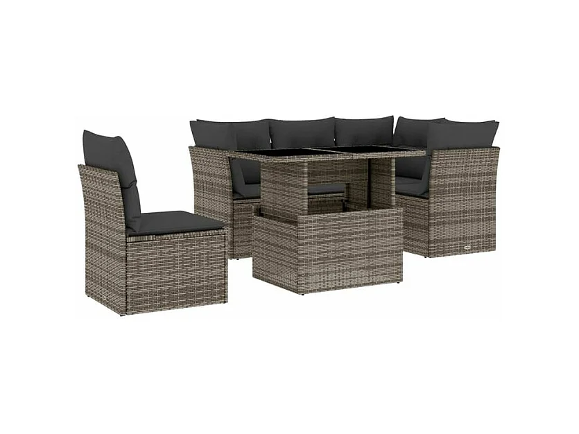 Salon de jardin 6 pcs avec coussins gris résine tressée