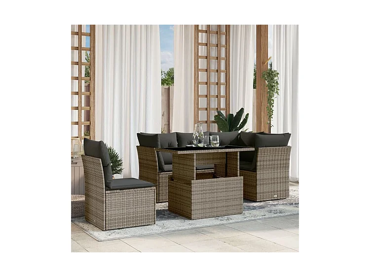 Salon de jardin 6 pcs avec coussins gris résine tressée