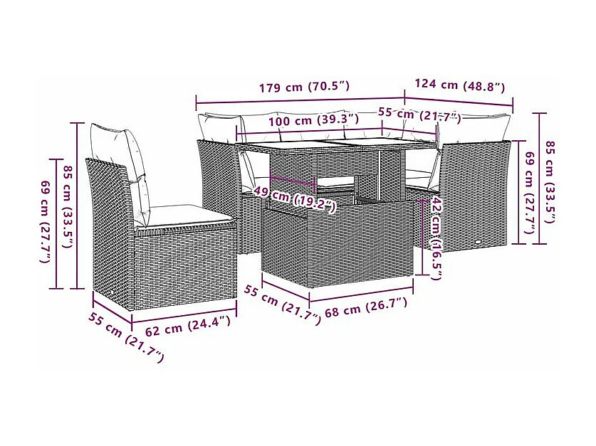 Salon de jardin 6 pcs avec coussins gris résine tressée